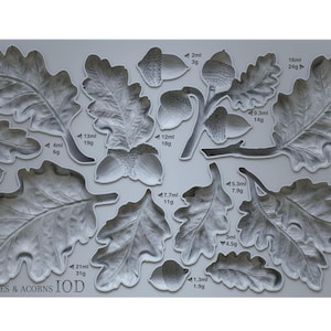 May include: A silicone mold for baking featuring 11 different designs of oak leaves and acorns. The mold is gray and has measurements in milliliters and grams for each design.