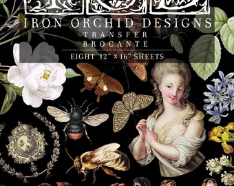 Könnte beinhalten: Schwarzer Hintergrund mit floralen und Insektenillustrationen, darunter Schmetterlinge und Bienen. Der Text "IRON ORCHID DESIGNS TRANSFER BROCANTE" ist abgebildet, zusammen mit "ACHT 30,5 cm x 40,6 cm BLÄTTER". Das Bild zeigt auch ein Vintage-Porträt und eine Reihe bunter Vögel.