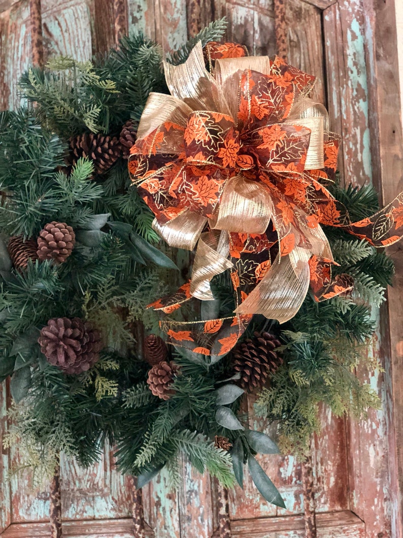 The Joan Fall Bow For Wreaths~Autumn Bow for lanterns~swag bow~orange and gold fall leaves farmhouse bow~mailbox bow~rustic bow