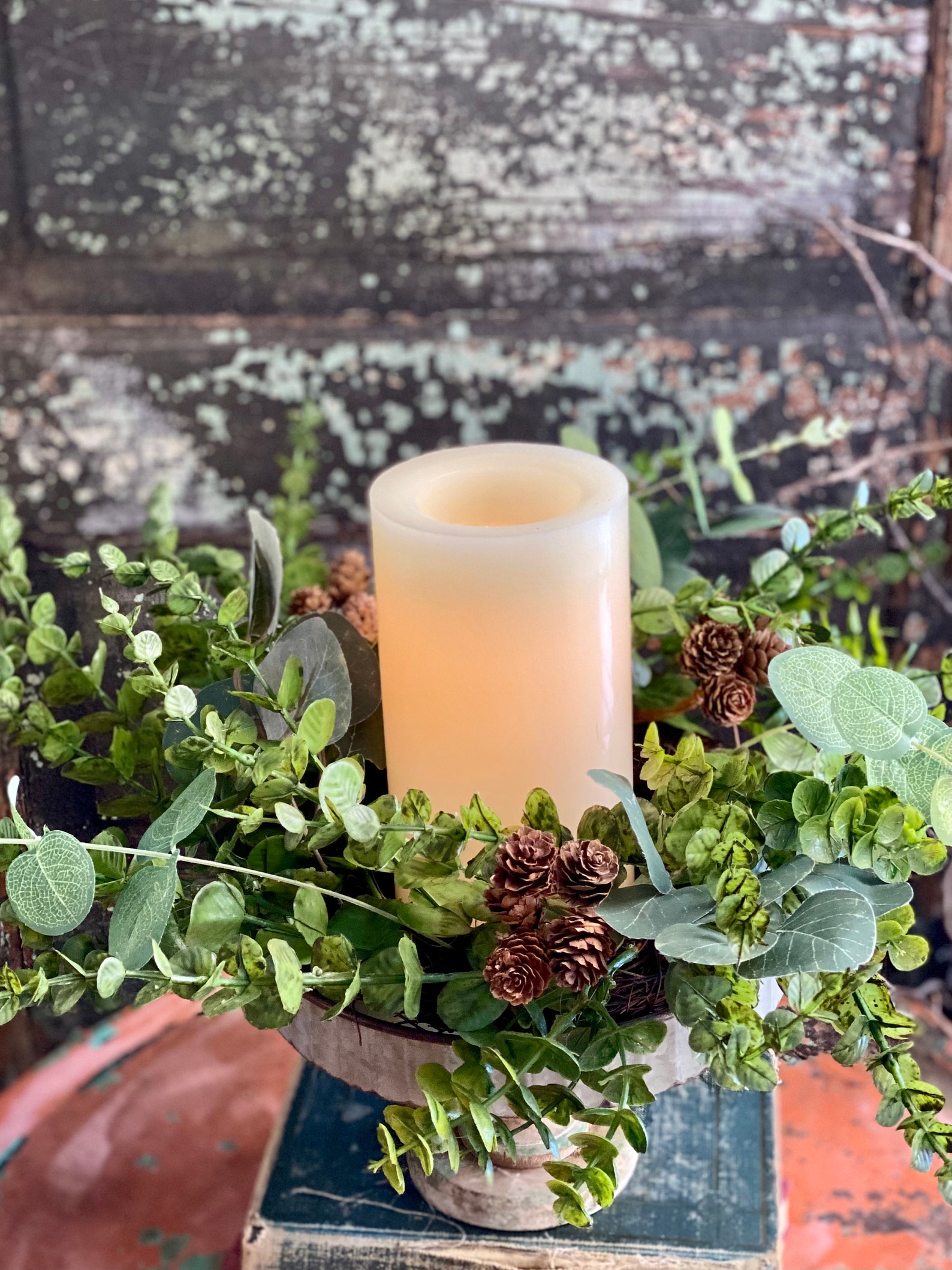 Eucalyptus Candle Ring Greenery Mini Wreath Pillar Candle Etsy