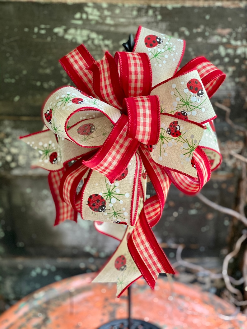 Mailbox Bow The Hilde Red /& Tan Ladybug Bow for Wreaths and Lanterns Farmhouse bow Summer Bow Swag bow