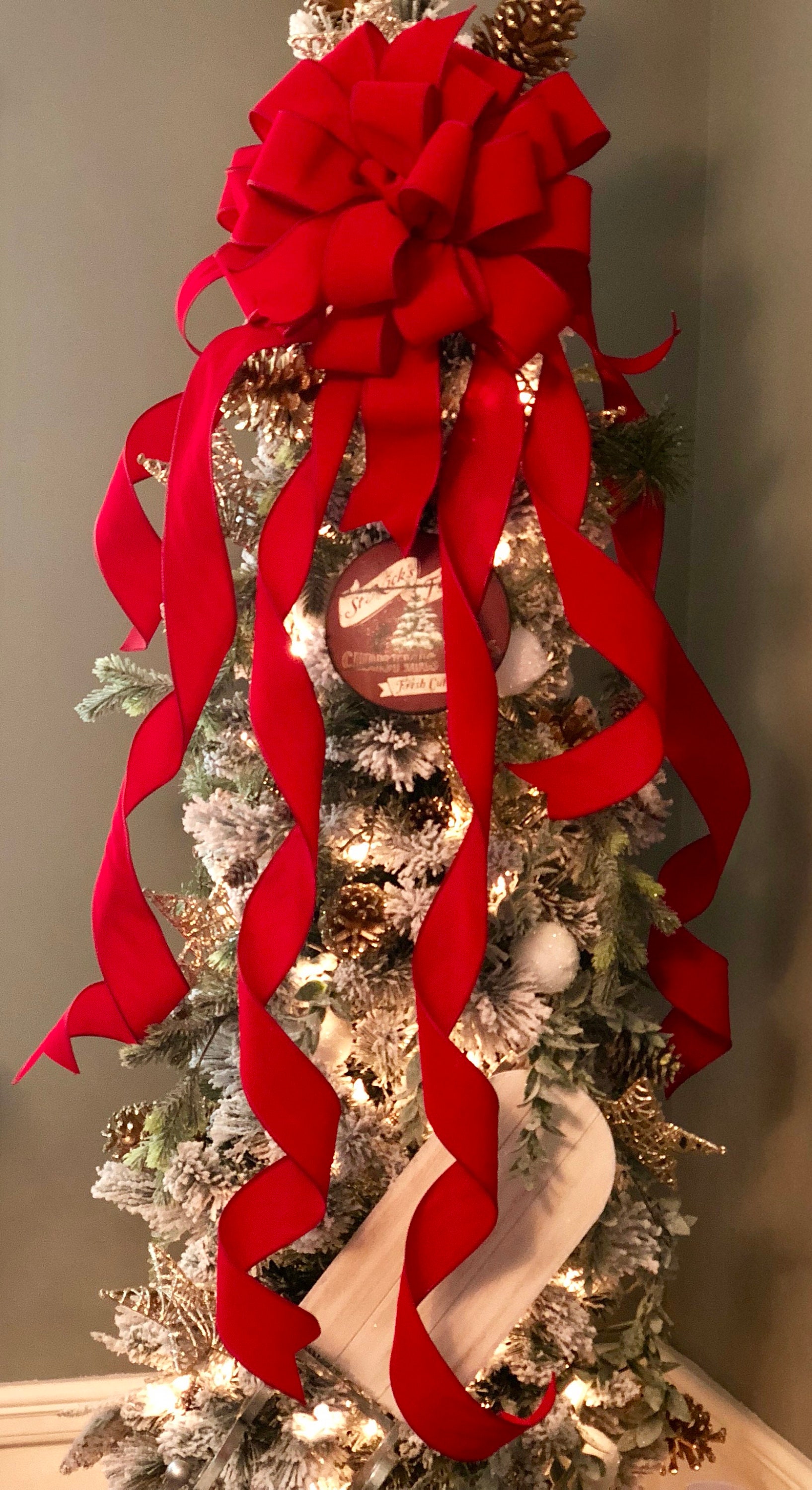 The Carol Large Red Velvet Christmas Tree Topper Bow, XL Long Streamer ...