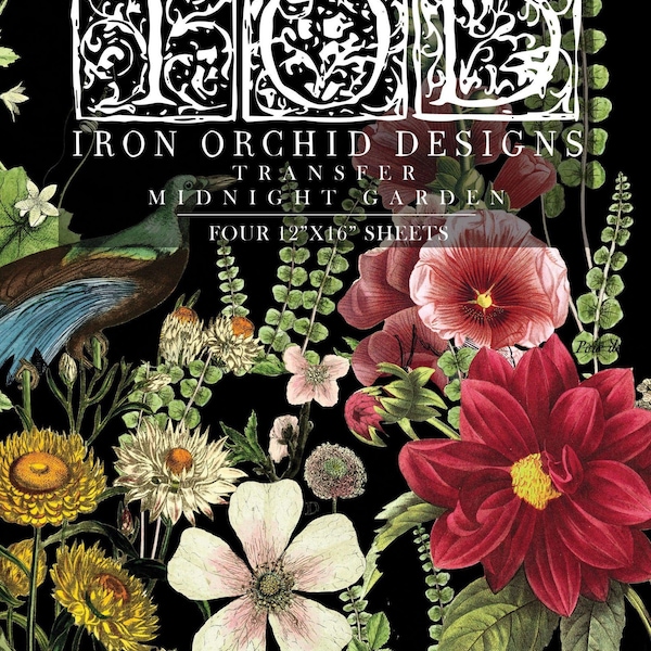 IOD Midnight Garden Rub On Transfer Sheet, Floral Peacock Design