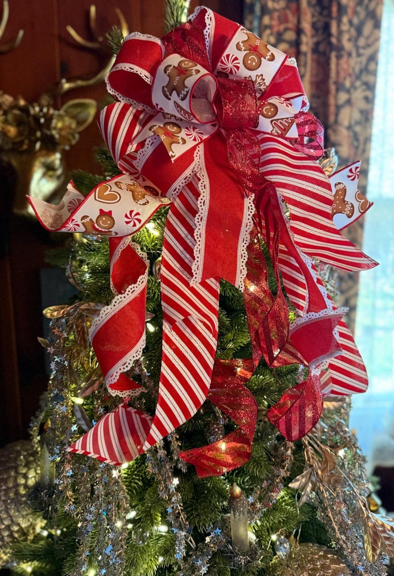 The Ruthie Red & White Gingerbread Christmas Bow, Tree Topper Bow