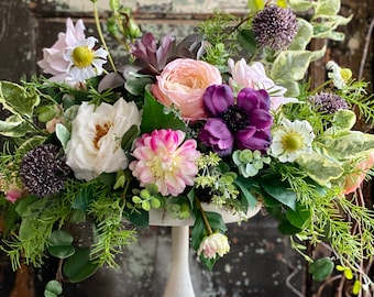 The Everly Spring Floral Raised Centerpiece For Table, Wedding centerpiece, pink roses purple poppies wedding florals, realistic artificial