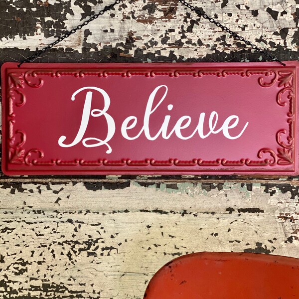 Red Tin Christmas Farmhouse Believe Sign~farmhouse Xmas decor~rustic decor~christmas cabin decor~Wreath attachment sign~holiday decor