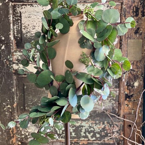 Artificial 4 Foot Eucalyptus Garland, Snow covered winter silver dollar eucalyptus French country garland, winter greenery wreath supply