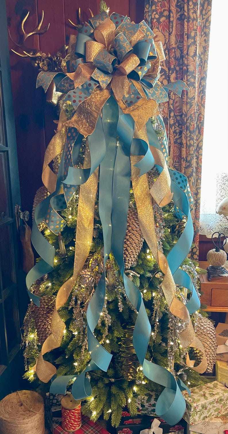 The Cyan Smoke Blue & Gold Christmas Tree Topper Bow, Luxury Bow, Xmas