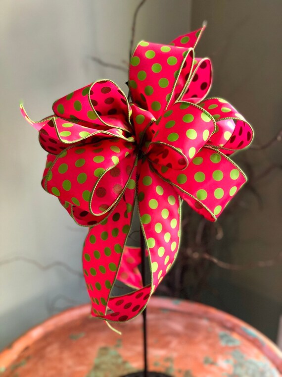 The Gigi Hot Pink Lime Green Polka Dot Bow For Wreaths And Lanterns Easter Decor Spring Mailbox Decoration Swag Adornment Party Supply