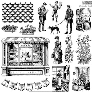 May include: Black and white illustrations of various scenes, including a bakery, a kitchen, a Christmas tree, a dog, and people. The illustrations are in a vintage style and feature intricate details.