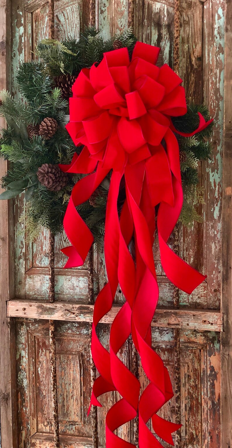 The Carol Large Red Velvet Christmas Tree Topper Bow, XL Long Streamer ...