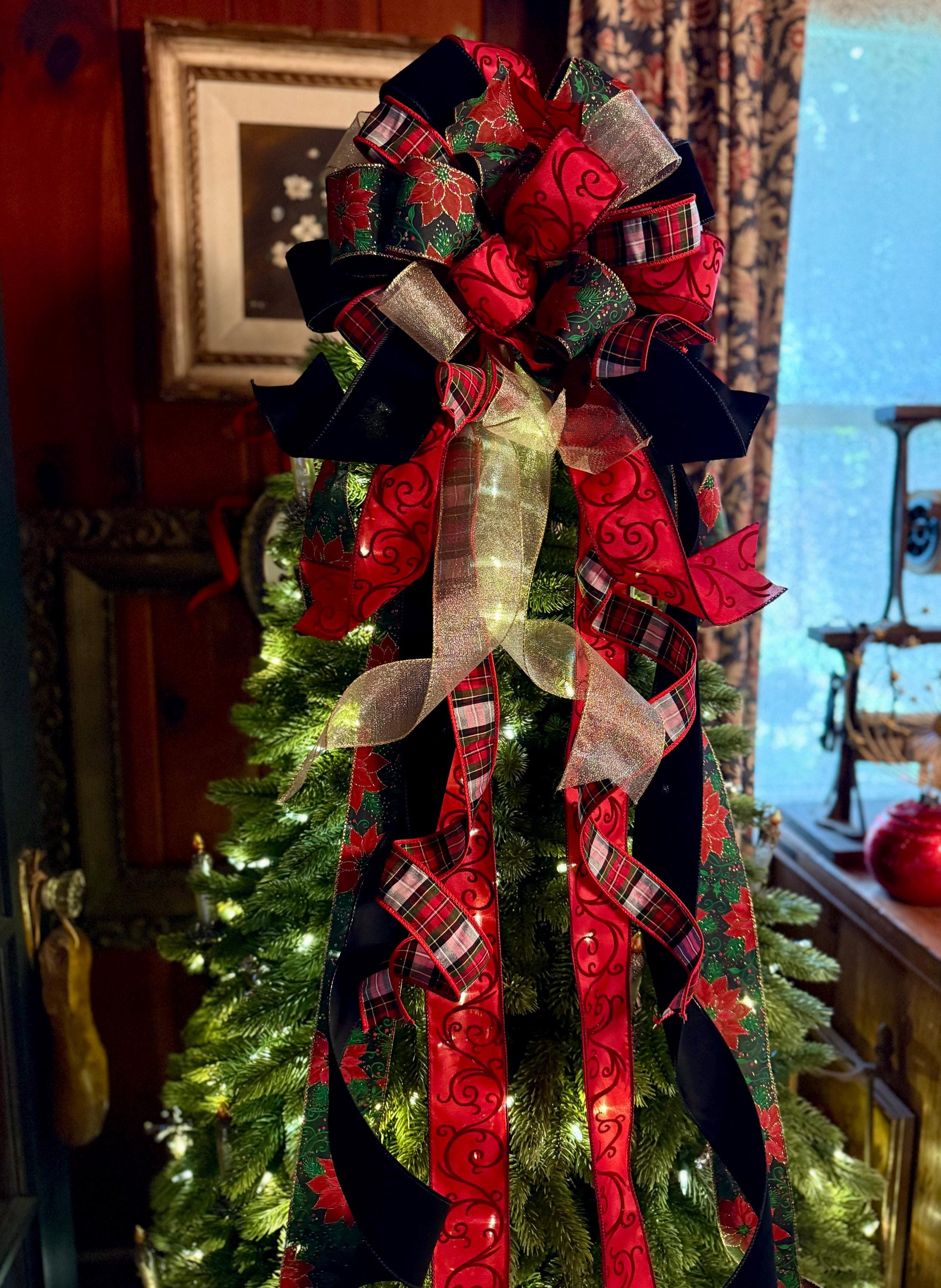 The Kate Red Black & Gold Christmas Tree Topper Bow, Long Streamer Bow ...