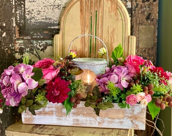 The Claudine French Country Centerpiece For Dining Table, Lantern arrangement, Farmhouse cottage centerpiece, Hydrangea & rose pink purple