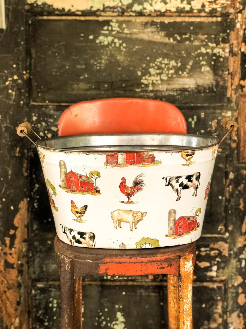 New Primitive Farmhouse Chic Rustic Metal Bucket Pail Can With Burlap Handles