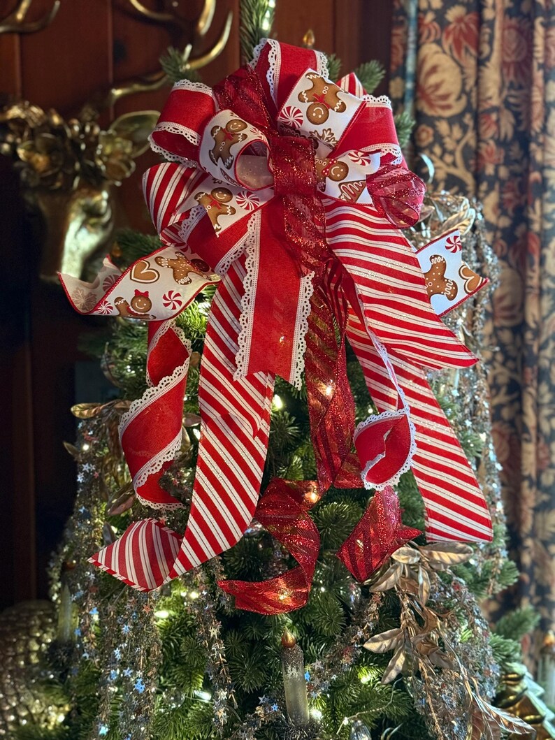 The Ruthie Red & White Gingerbread Christmas Bow, Tree Topper Bow