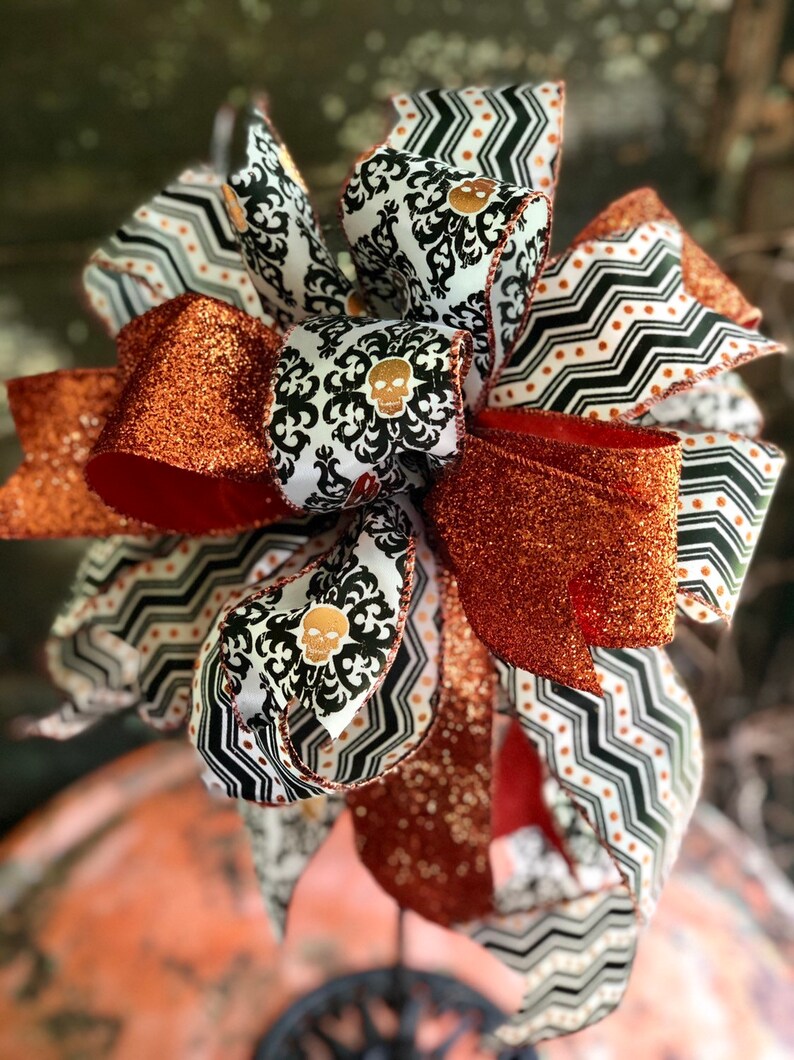 The Azriel Orange Black /& White Skull Halloween Bow for Wreaths and Lanterns~All hallows eve bow~skeleton bow~large bow for mailbox~