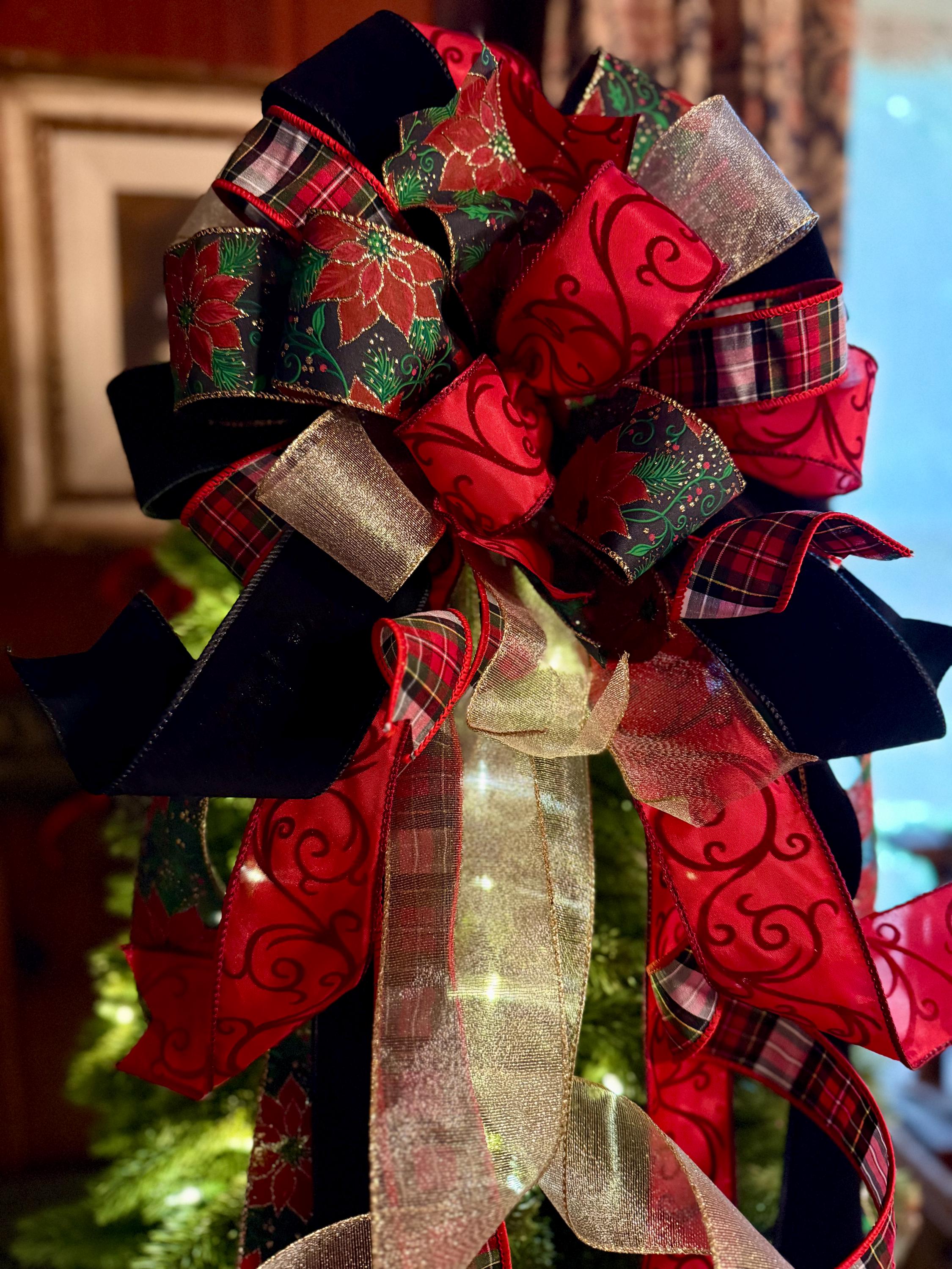 The Kate Red Black & Gold Christmas Tree Topper Bow, Long Streamer Bow ...