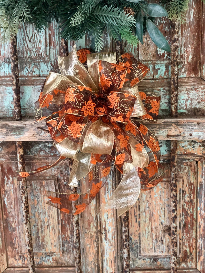 The Joan Fall Bow For Wreaths~Autumn Bow for lanterns~swag bow~orange and gold fall leaves farmhouse bow~mailbox bow~rustic bow