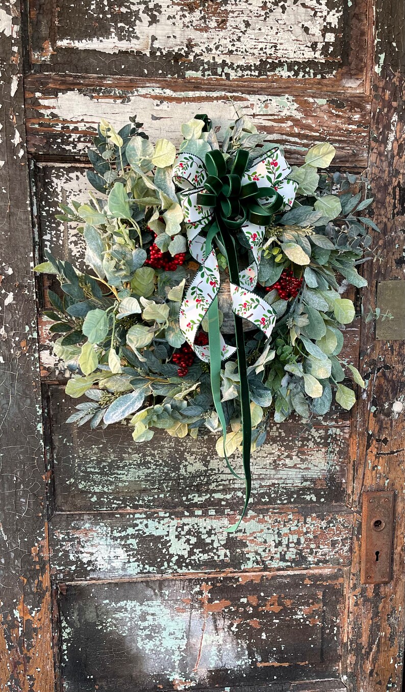 The Tess Eucalyptus Lambs Ear Christmas Wreath With Berries & Bell - Etsy