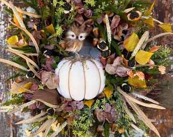 The Olivia Fall Cream & Green Wreath For Front Door,  woodland pine all season cottage wreath, a winter natural garden style wreath