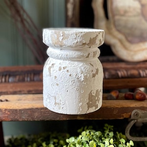 Wood Pillar Candle stand, Cream and wood candle holder, architectural wood block, Distressed Stand, cottage core, wood riser