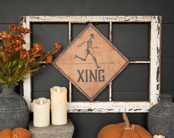 Vintage Style Skeleton Crossing Sign, Farmhouse Halloween Decor