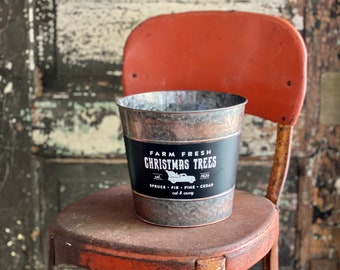 Galvanized Black & White Farm Fresh Round Tin Christmas Planter, Christmas container, Farmhouse christmas planter, farmhouse bucket