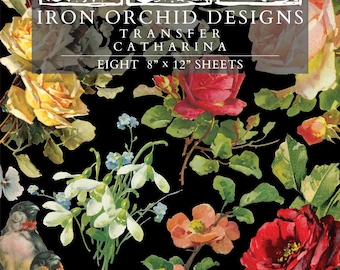 Puede incluir: Un diseño de lámina de transferencia floral de Iron Orchid Designs, con un fondo negro con rosas, pájaros y otras flores. El texto dice "Iron Orchid Designs Transfer Catharina Ocho hojas de 20,3 cm x 30,5 cm."