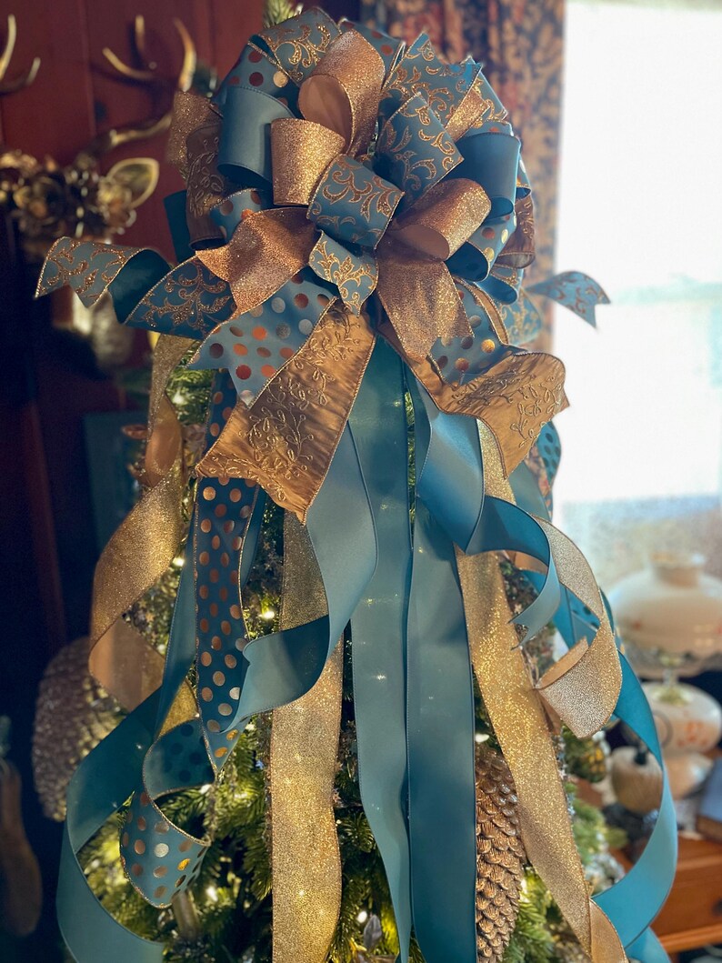 The Cyan Smoke Blue & Gold Christmas Tree Topper Bow, Luxury Bow, Xmas