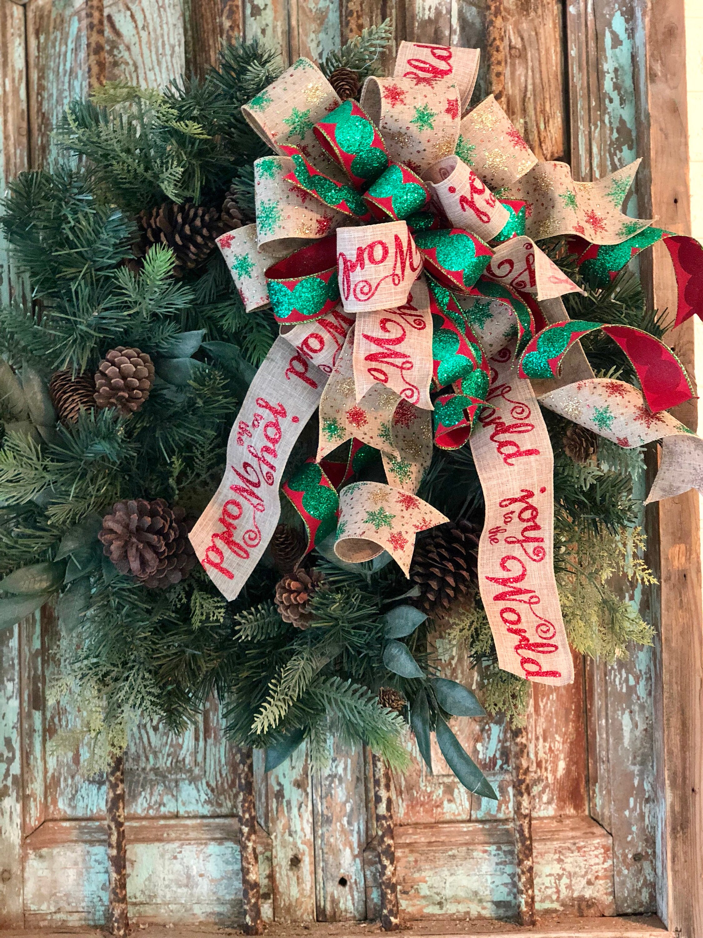 The Joy Red and Green glitter Christmas tree topper bowbow