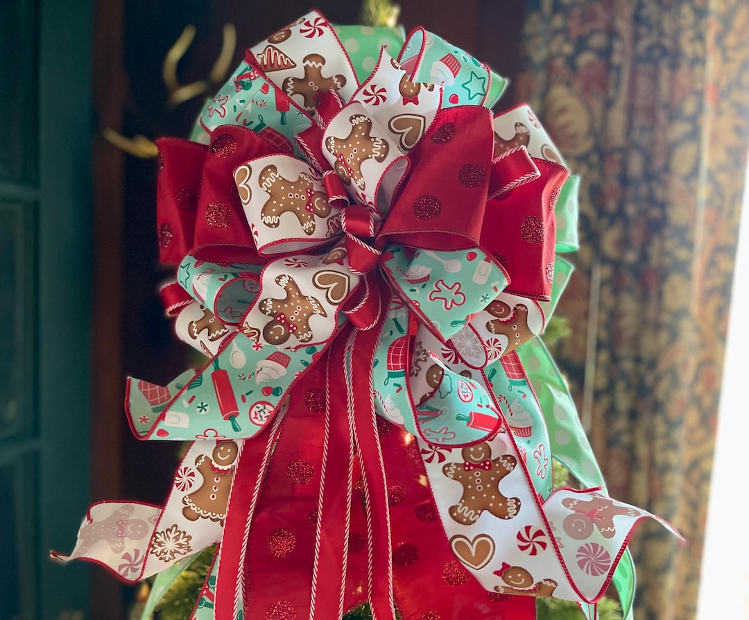 Gingerbread Man Christmas Tree Topper Bow the Honey, Red & Green Tree ...