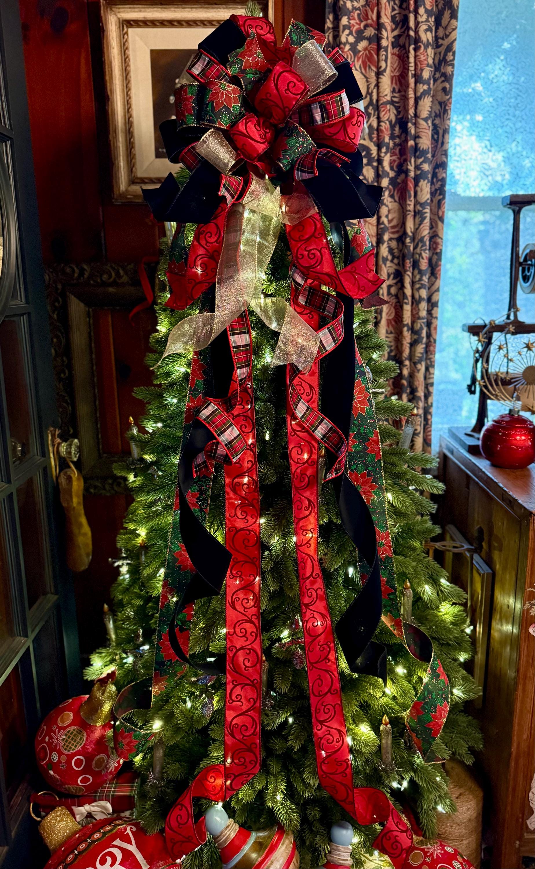 The Kate Red Black & Gold Christmas Tree Topper Bow, Long Streamer Bow ...