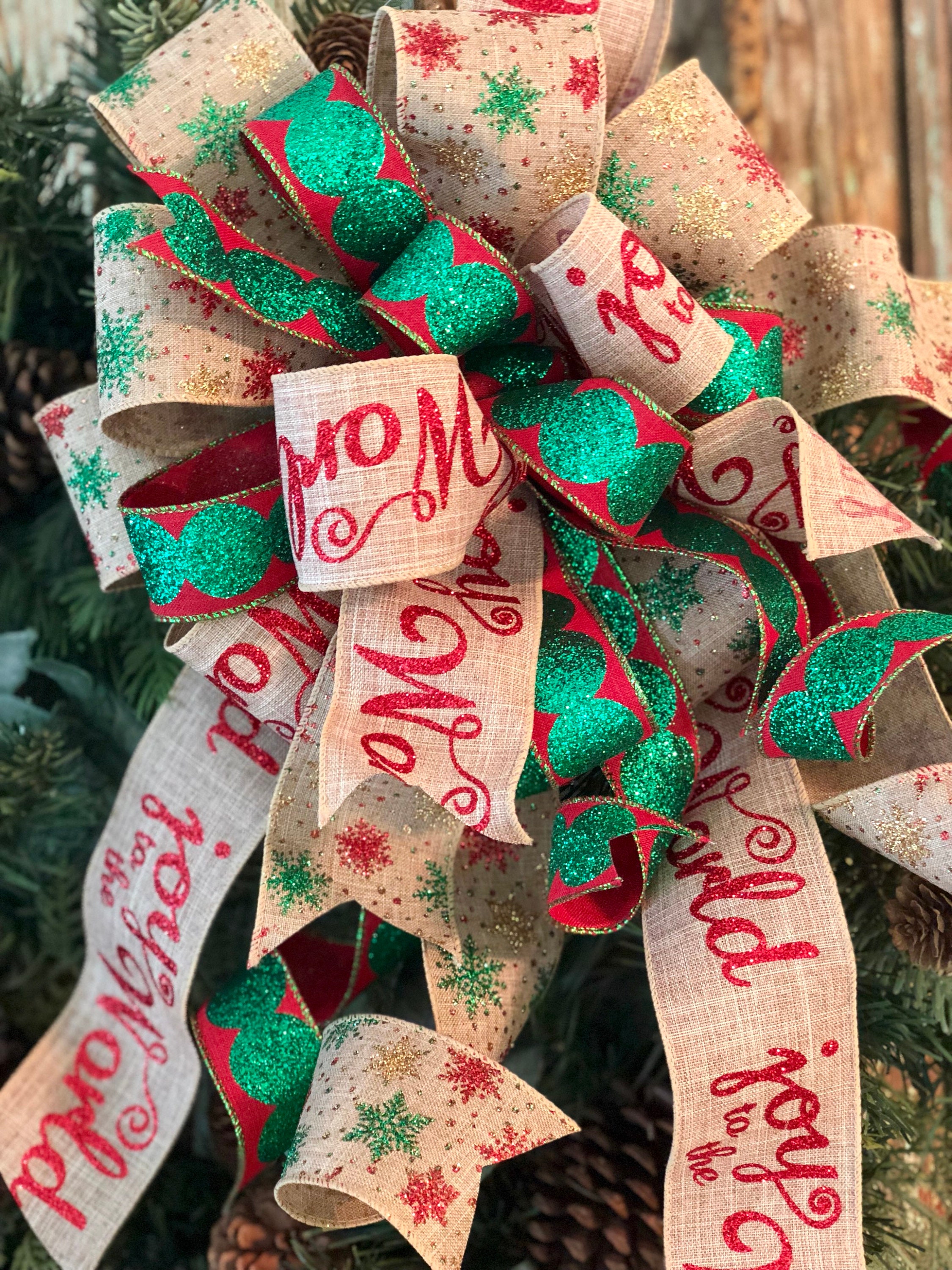 The Joy Red and Green glitter Christmas tree topper bowbow