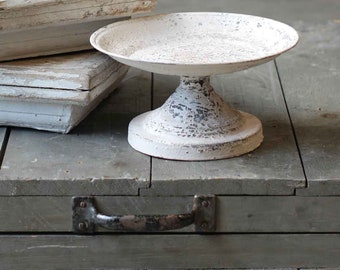 The Kinley White Distressed Metal Pedestal Stand,Farmhouse candle stand~shabby chic decor~small tray stand~Cottage decor