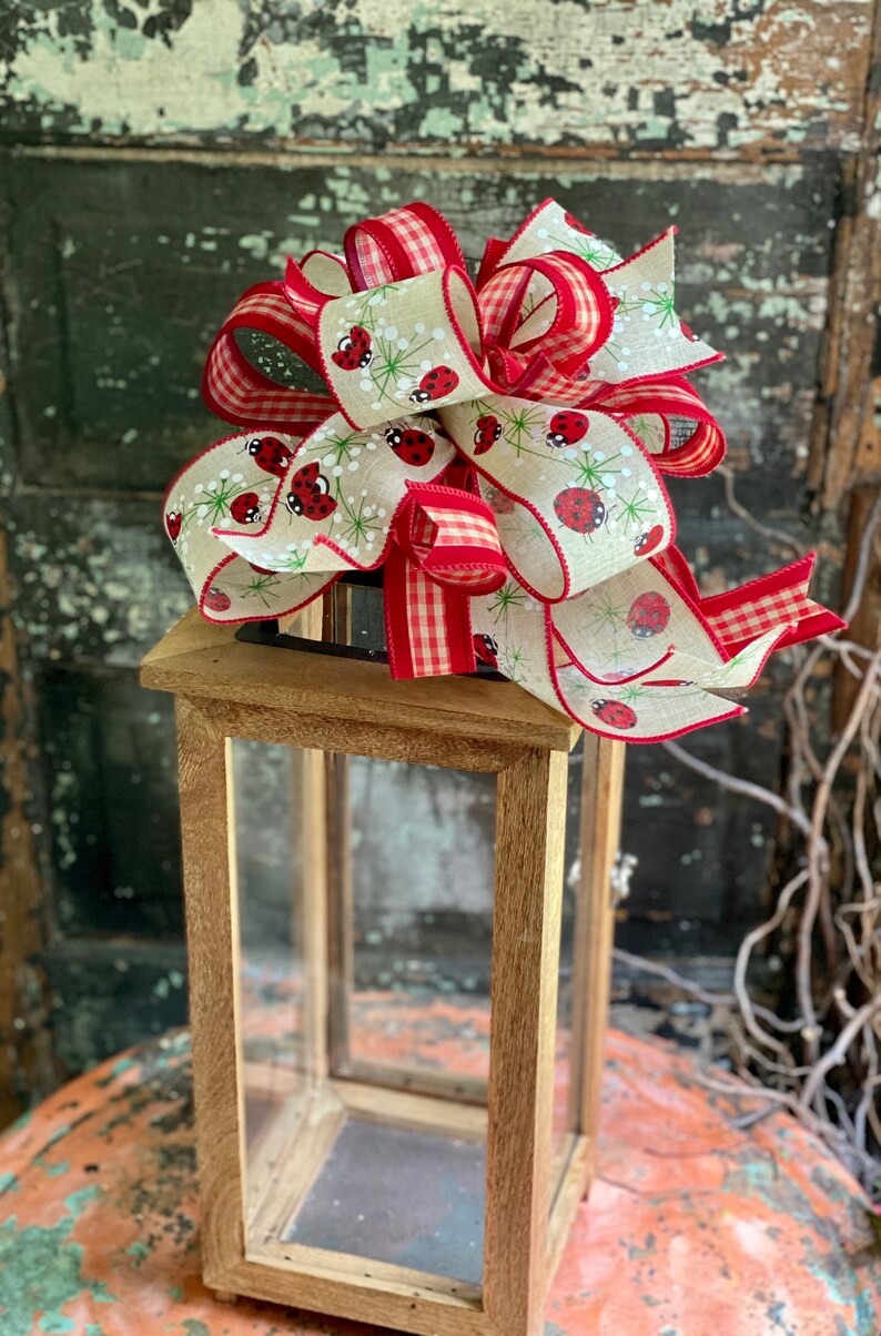 Mailbox Bow The Hilde Red /& Tan Ladybug Bow for Wreaths and Lanterns Farmhouse bow Summer Bow Swag bow