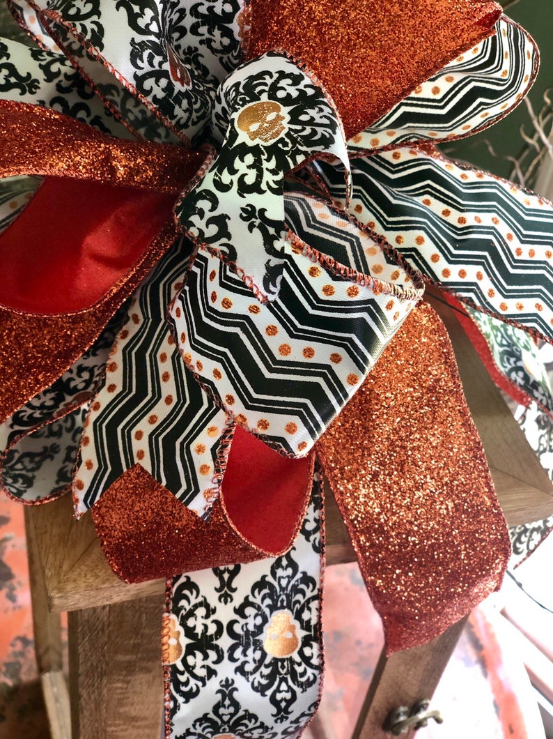 The Azriel Orange Black /& White Skull Halloween Bow for Wreaths and Lanterns~All hallows eve bow~skeleton bow~large bow for mailbox~