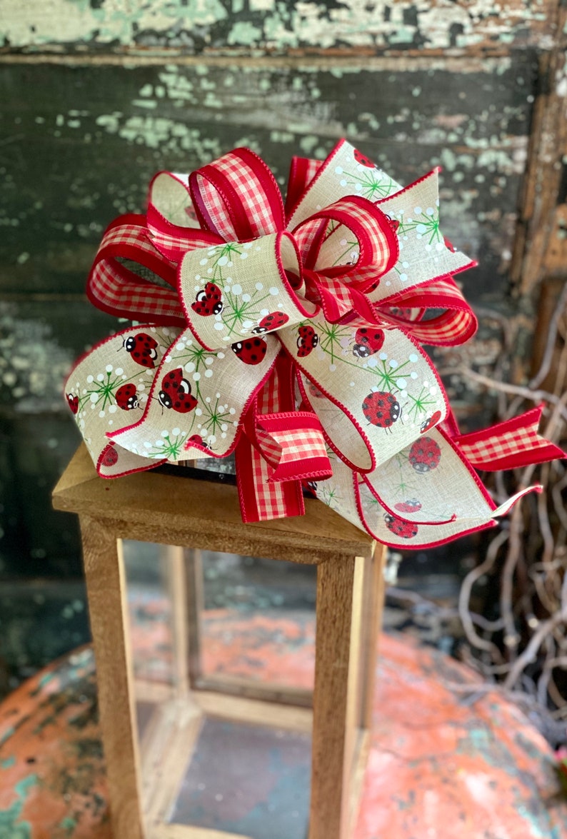 Mailbox Bow The Hilde Red /& Tan Ladybug Bow for Wreaths and Lanterns Farmhouse bow Summer Bow Swag bow