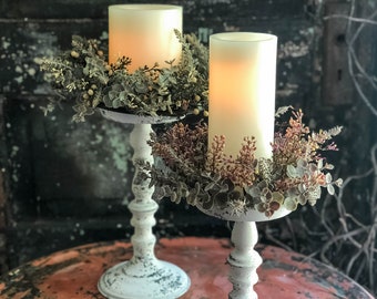Distressed White Pillar Candle Holder, Farmhouse Cottage Decor