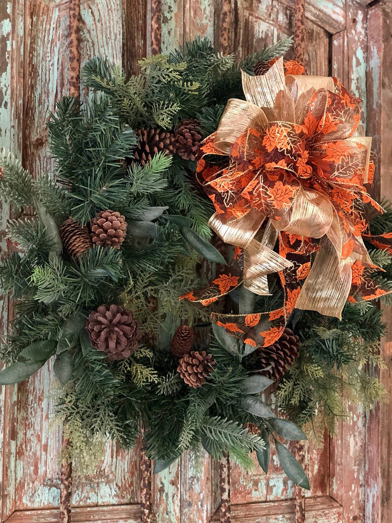 The Joan Fall Bow For Wreaths~Autumn Bow for lanterns~swag bow~orange and gold fall leaves farmhouse bow~mailbox bow~rustic bow