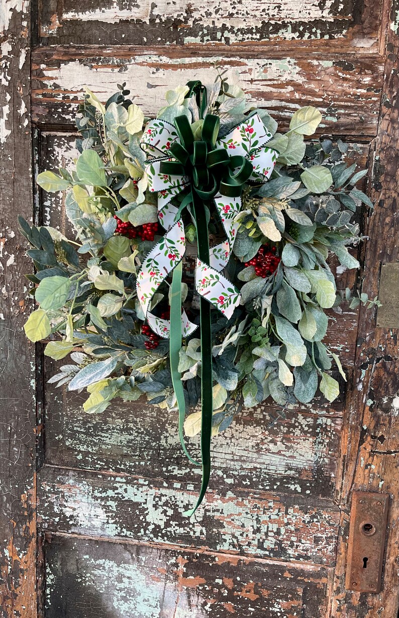The Tess Eucalyptus Lambs Ear Christmas Wreath With Berries & Bell - Etsy