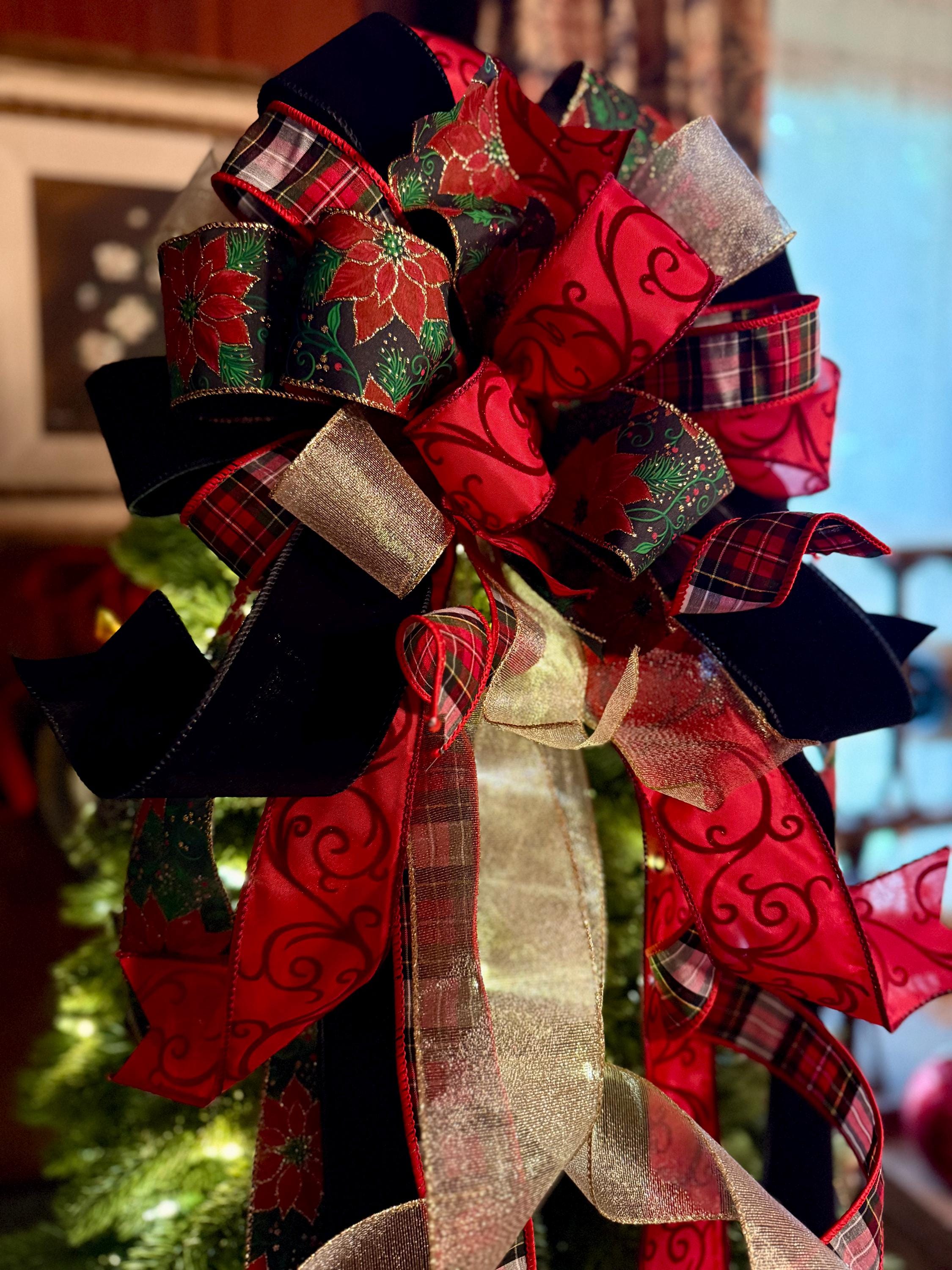 The Kate Red Black & Gold Christmas Tree Topper Bow, Long Streamer Bow ...