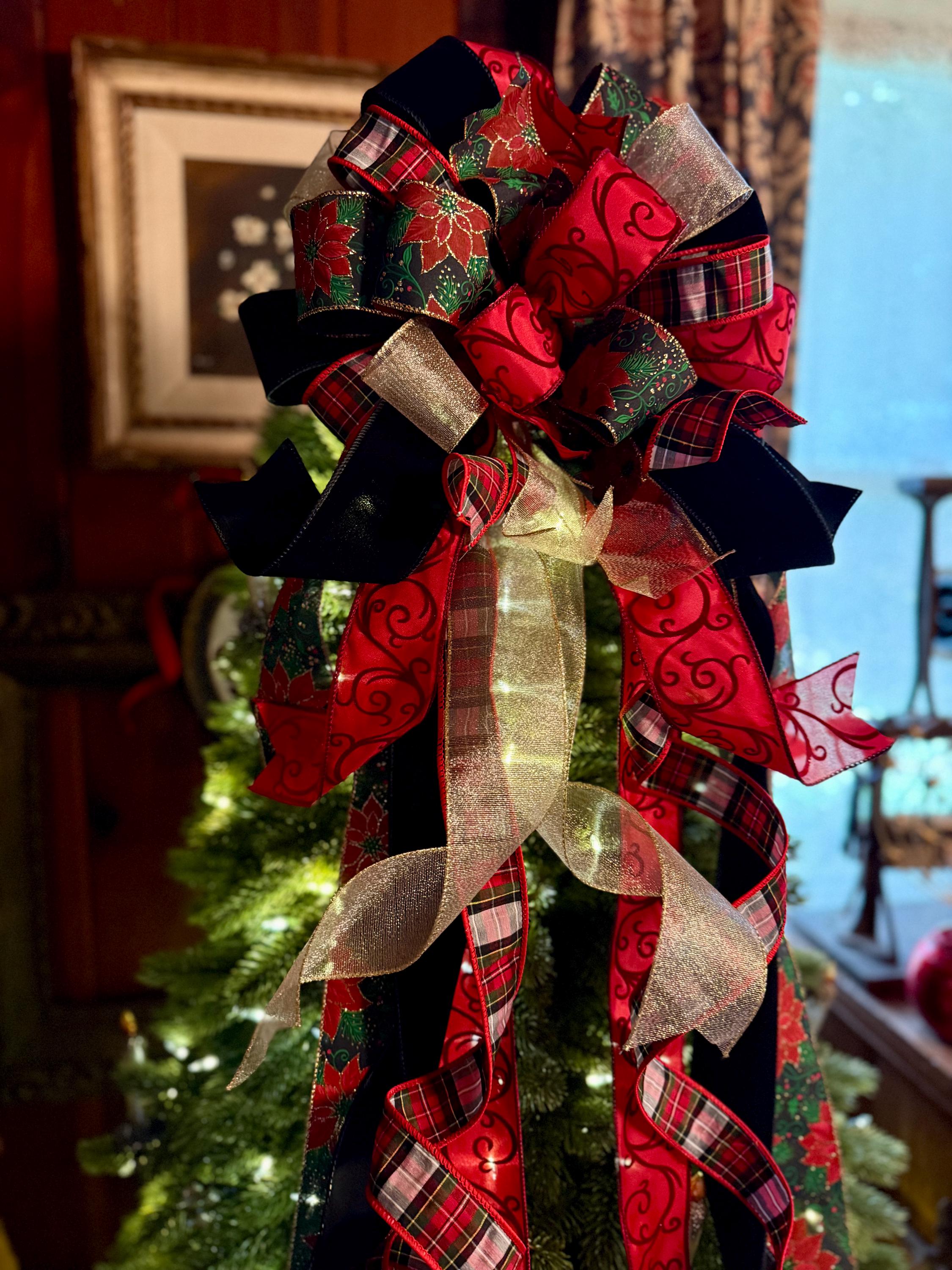 The Kate Red Black & Gold Christmas Tree Topper Bow, Long Streamer Bow ...