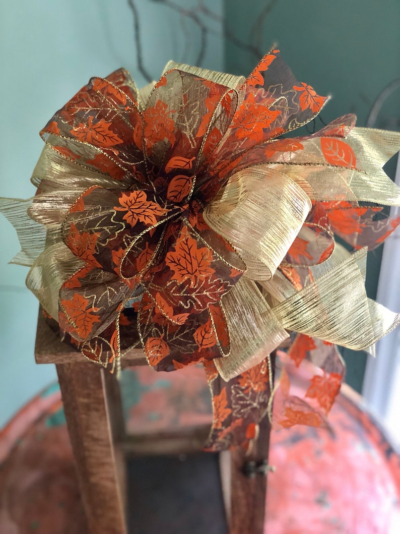 The Joan Fall Bow For Wreaths~Autumn Bow for lanterns~swag bow~orange and gold fall leaves farmhouse bow~mailbox bow~rustic bow