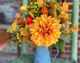 Faux Wildflower Arrangement, Distressed Blue Pitcher, Farmhouse Decor