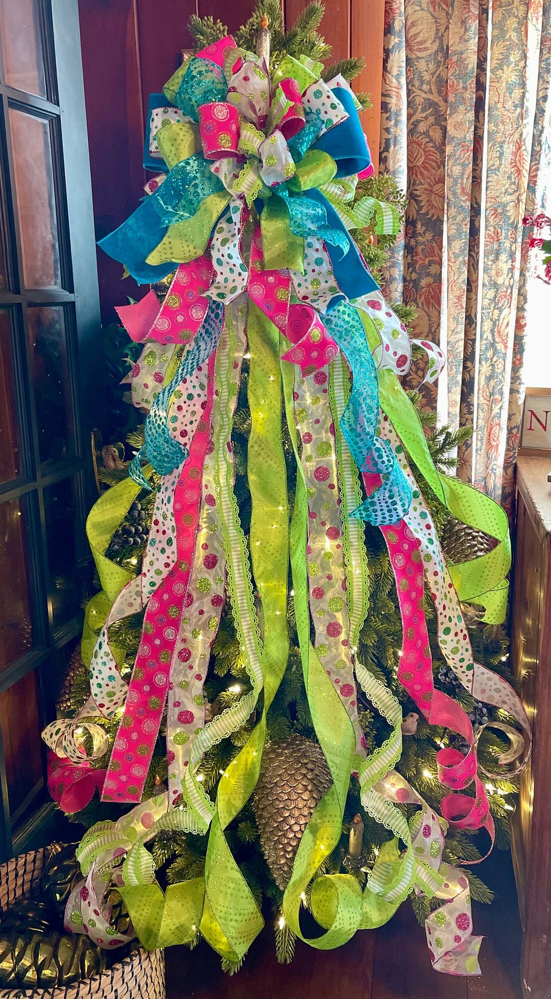The Lourdes Hot Pink & Lime Green Christmas Tree Topper Bow, XL Tree