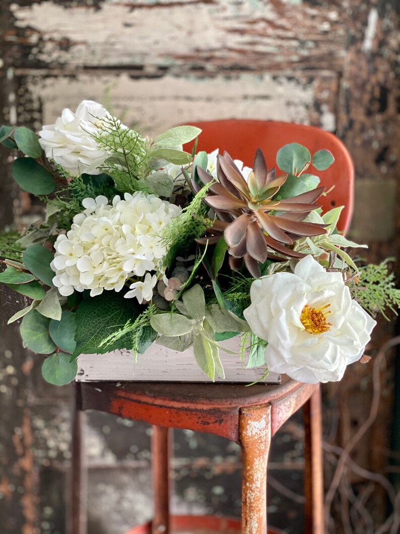 The Melissa Rustic Farmhouse White Centerpiece For Table~All season centerpiece~Natural green arrangement~white hydrangea wedding florals