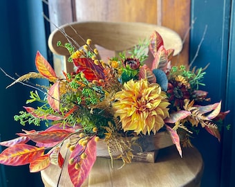 Fall Dahlia Centerpiece, Rustic Autumn Floral Arrangement in Handmade Wood Box