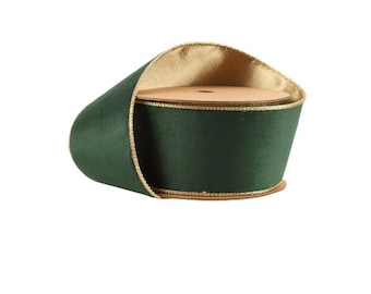 Hunter Green Velvet Ribbon With Gold Satin Back, Wired Edge (10 Yard Roll), ribbon by the yard