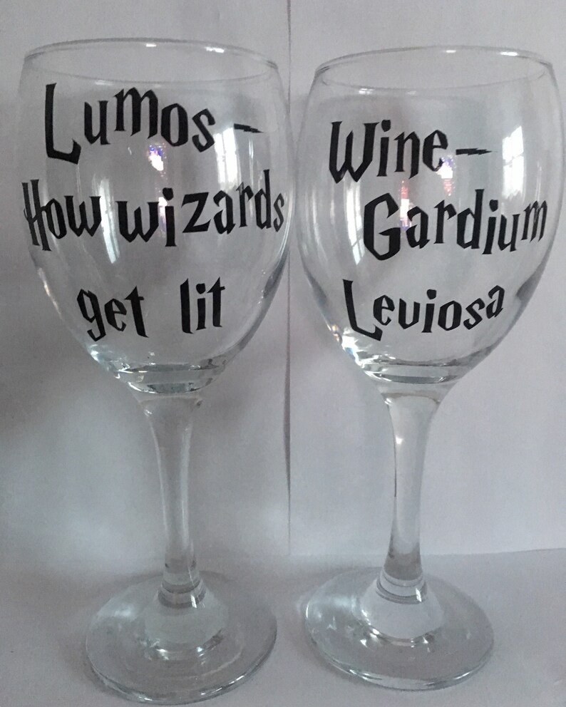 Set of 5 Harry Potter themed wine glasses with glittered stems Etsy
