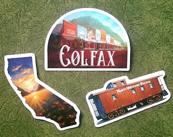 Colfax California Stickers - Old Downtown - State of California Sunset - North Western Pacific Train Caboose - 3 Inches Vinyl Waterproof
